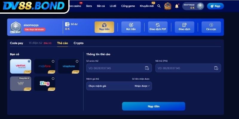 Hướng dẫn thao tác nạp tiền vào DV88 đơn giản nhất